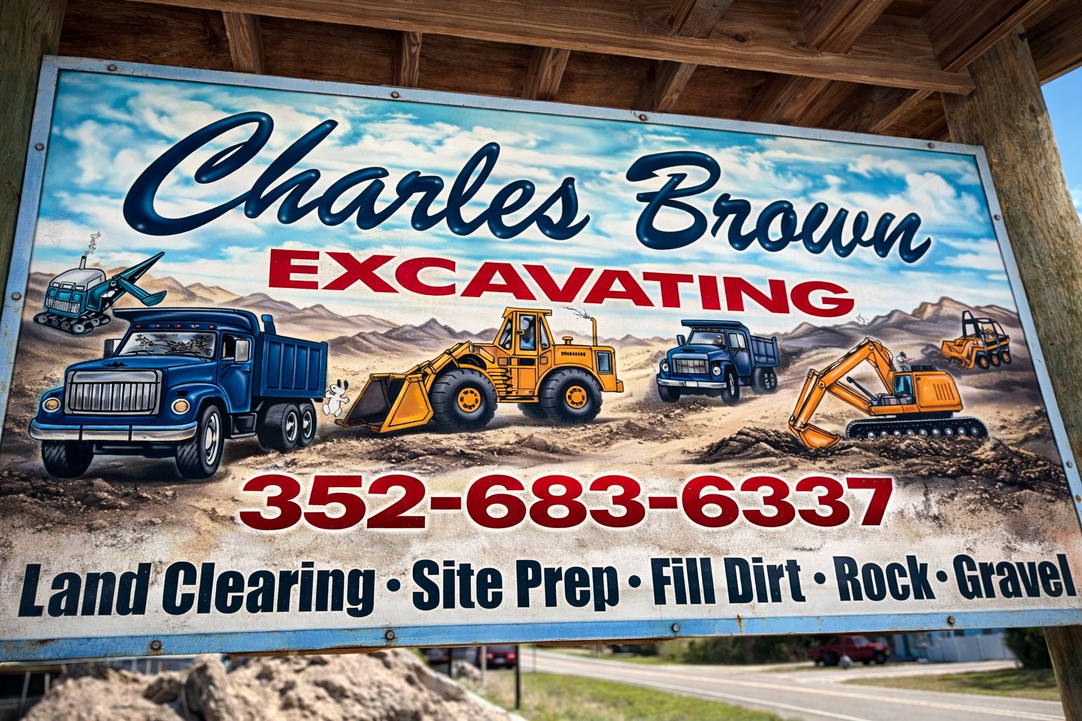 Charles Brown Excavating hand-painted business sign — Land Clearing, Site Prep, Fill Dirt, Rock, Gravel — Weeki Wachee FL