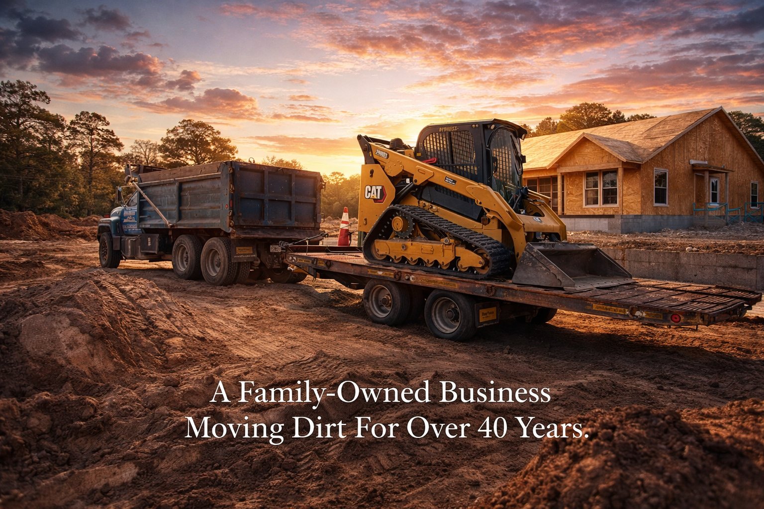 CAT track loader on flatbed at sunset — Charles Brown Excavating, Weeki Wachee FL
